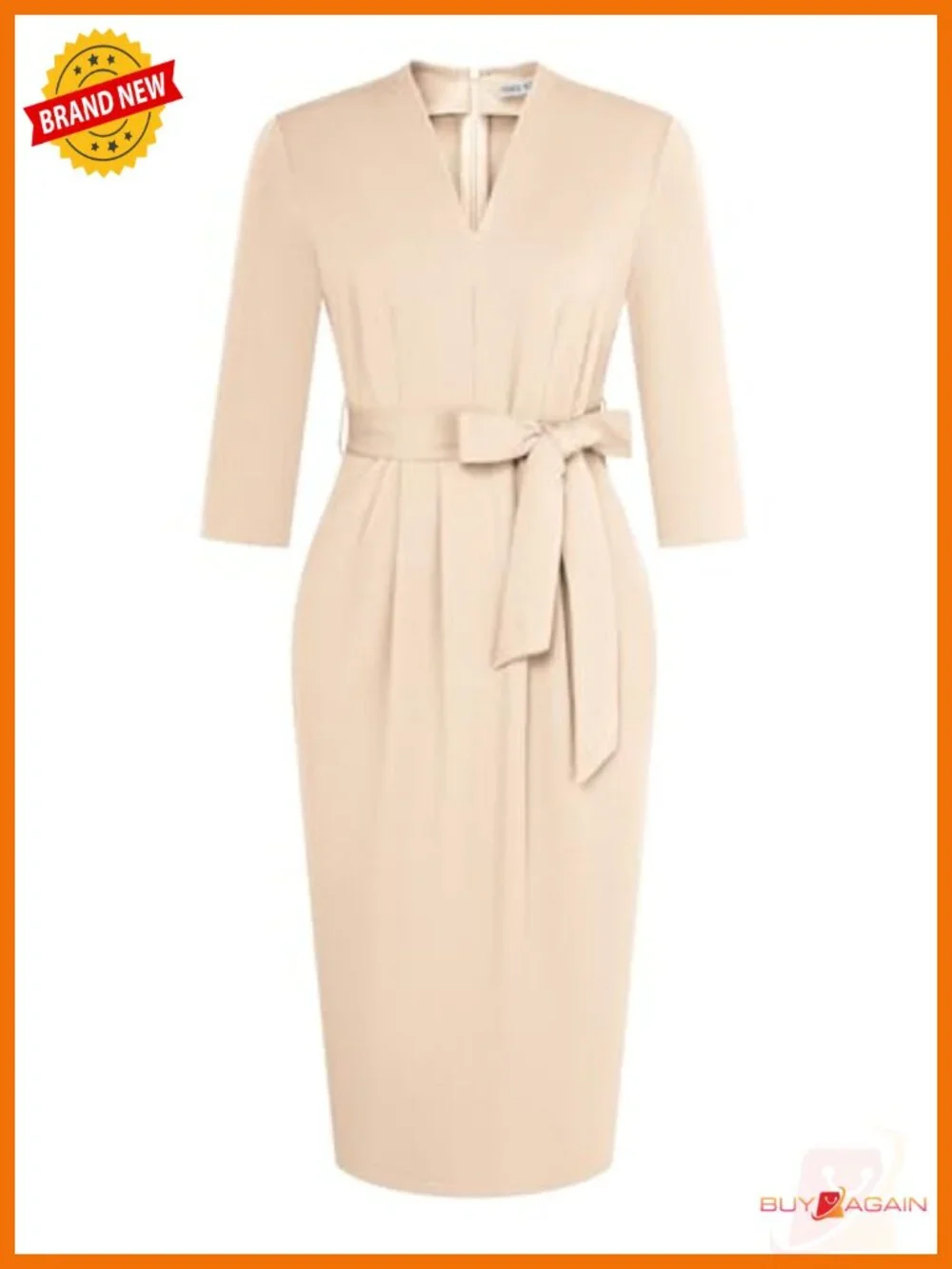 GRACE KARIN 3/4 Sleeve Work Dress with Pockets Bodycon Belted V-Neck Midi
